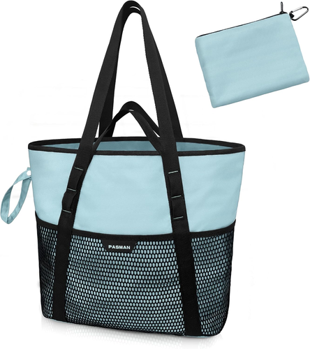 Beach Bag with Zipper - 8 Pockets Sandproof Beach Tote Bag for Women,Foldable Li