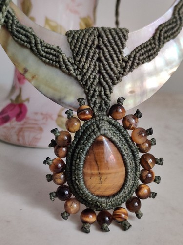 OOAK Artisan Necklace Mother Of Pearl Tiger Eye Macrame Handmade Statement - Picture 13 of 20