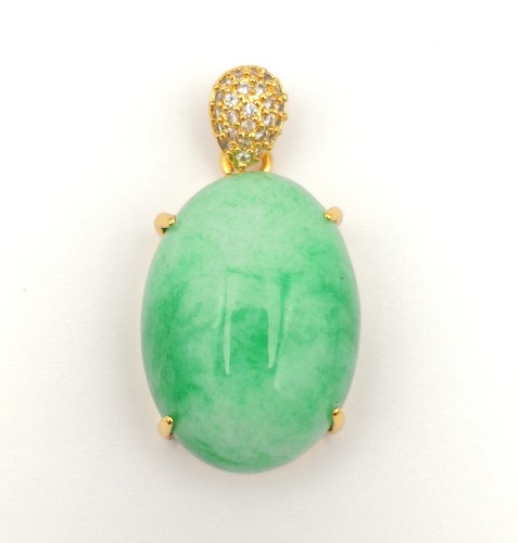 Genuine Green Jade Long Oval Bead 18KGP Cubic Zirconia Lucky Pendant Necklace - Picture 9 of 12