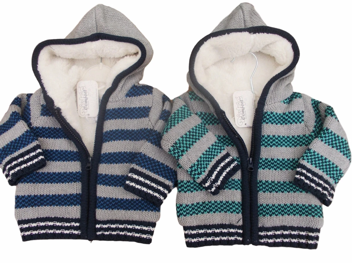 Baby boys knitted cardigan striped fur lined hooded jacket up to 4