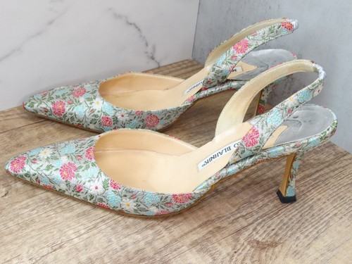 AUTH Manolo Blahnik Carolyne Slingback Metallic Floral Brocade Kitten Heels 36.5 - Picture 12 of 24