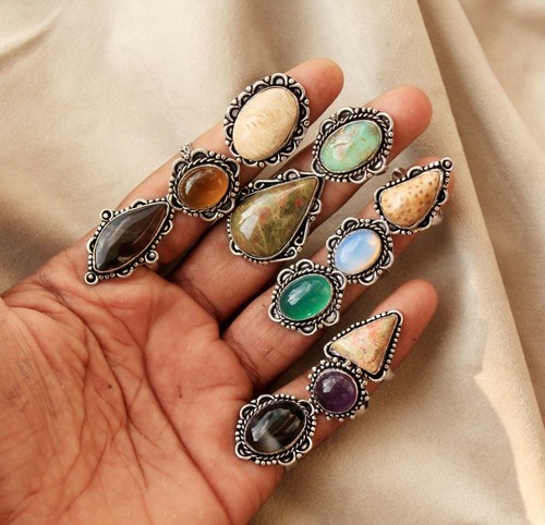 Opalite & Mix Gemstone 925 Sterling Silver Plated Wholesale Lot Rings Jewelry - Picture 2 of 3