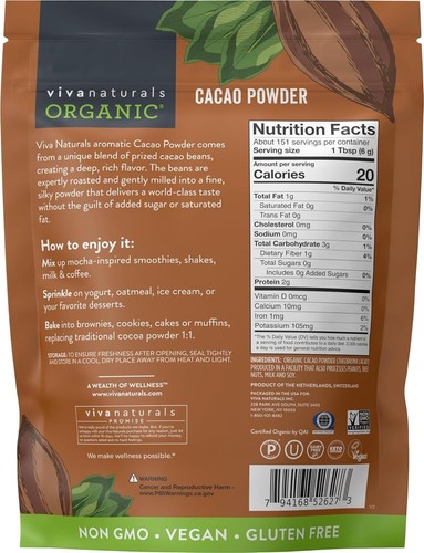 Organic Unsweetened Cacao Powder with Rich Dark Chocolate Flavor 907 g 2lb NEW.. - Picture 6 of 7