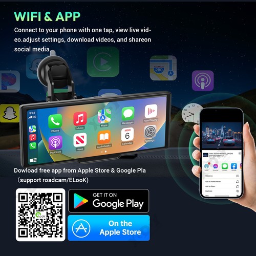 10.2" Wireless Car Stereo CarPlay Android Auto 4K+1080P Dash Cam WIFI&AUX&FM DVR - Picture 7 of 15