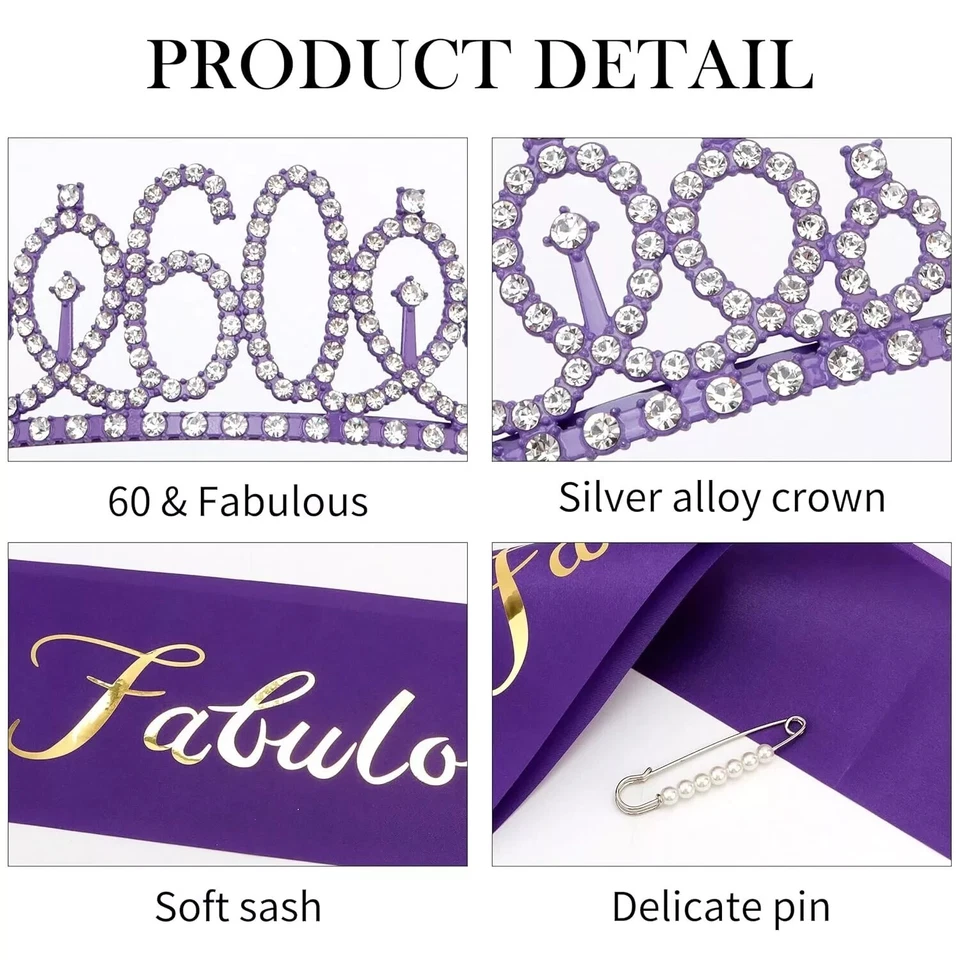Faja y tiara de cumpleaños 60, tiara morada, decoraciones de cumpleaños 60 para mujer Foto 3 de 4