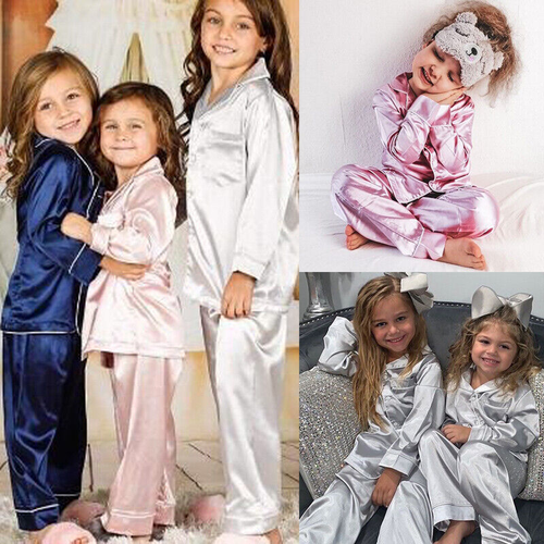 Kids Boys Girls Silk Satin Pajamas Suit S Nightwear PJS Xmas Sleepwear Sets - Picture 2 of 15
