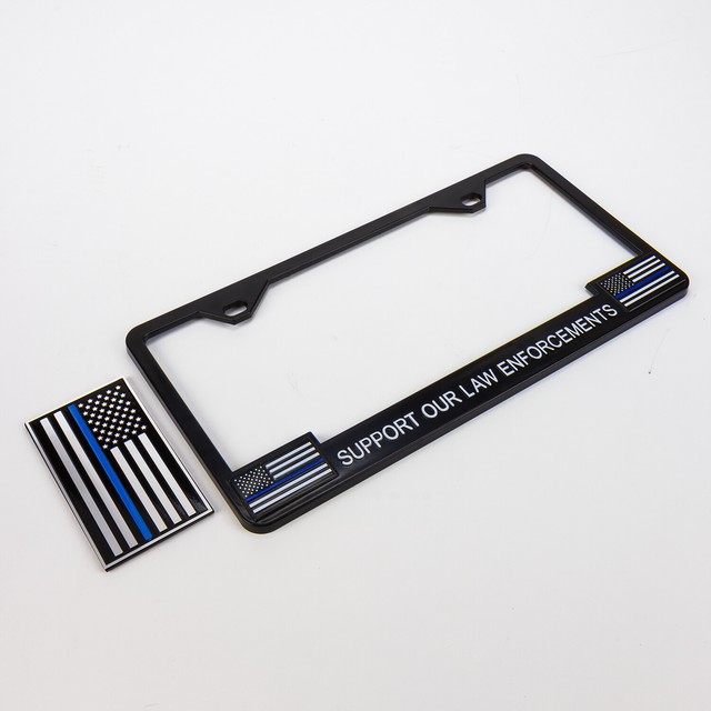 Support Law Enforcement Blue Line License Plate Frame & Emblem 4.5" x 2