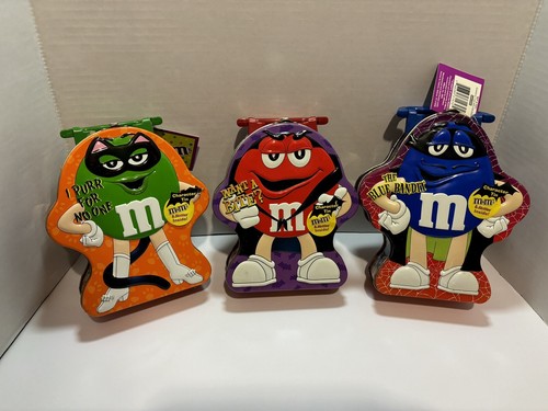 "Lote de 3 latas de coleccionista de Halloween de M&Ms amarillo verde azul 8"" por 5"" vacías"