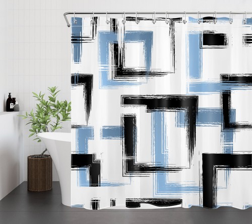Modern Blue and Black Abstract Geometric Shower Curtain Set for Bathroom Decor - Bild 18 von 23
