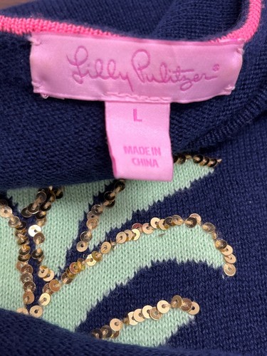 Suéter para mujer Lilly Pulitzer azul marino lentejuelas piña cuello redondo tejido talla L - Imagen 5 de 7