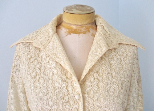 Vtg 60s 70s Mod Ivory Flower Power Lace 2-Pc Maxi Skirt Jacket Evening Suit 34 - Picture 8 of 12