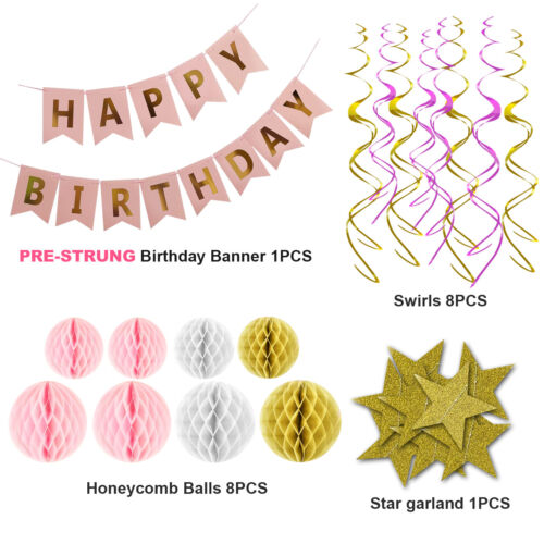 Banner de feliz cumpleaños decoraciones de fiesta - Kit de suministros de decoración de oro negro para niños - Imagen 10 de 32