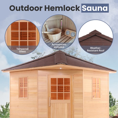 ALEKO Canadian Hemlock Wet Dry Outdoor 8 Person Sauna with Asphalt Roof Heater - Picture 2 of 12
