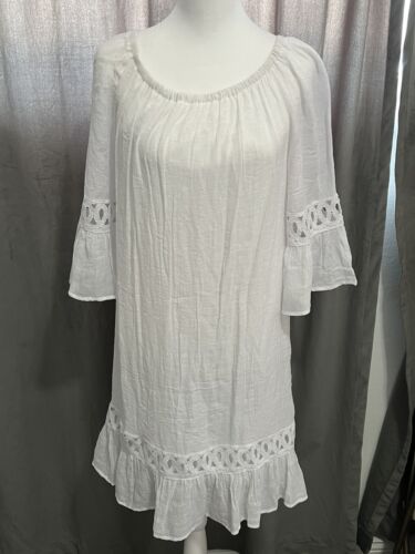 Mlle Gabrielle NWT white COTTON GAUZE BOHO DRESS BELL SLEEVES M - Picture 2 of 5