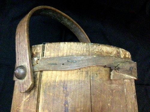 Primitive Wood Firkin Sugar Bucket VTG 19th Century Pail Oak Bentwood Handle 14" - Picture 12 of 12