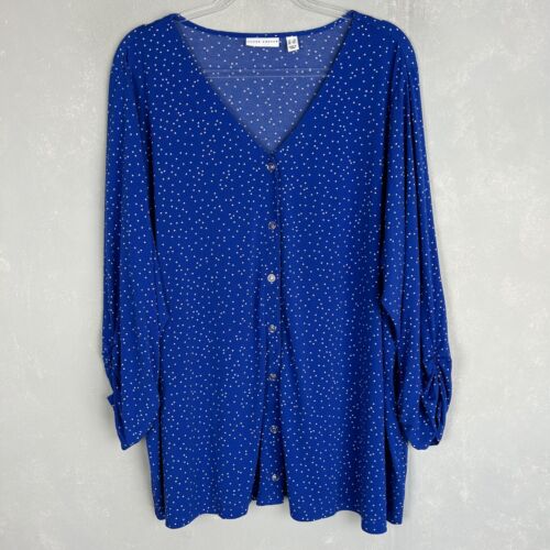 Susan Graver plus size 3X tunic top liquid knit button up v-neck blue polka dot
