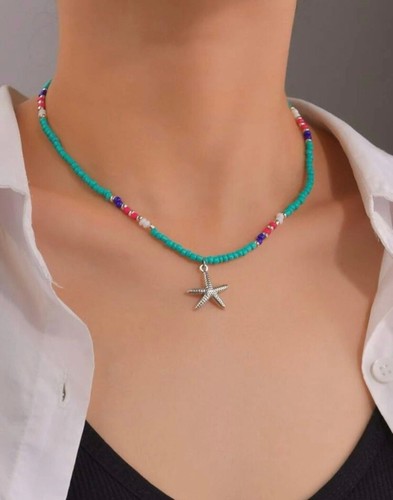 Starfish Charm Beaded Necklace Turquoise Purple Pink Multicolor one-size NWOT - Picture 1 of 4