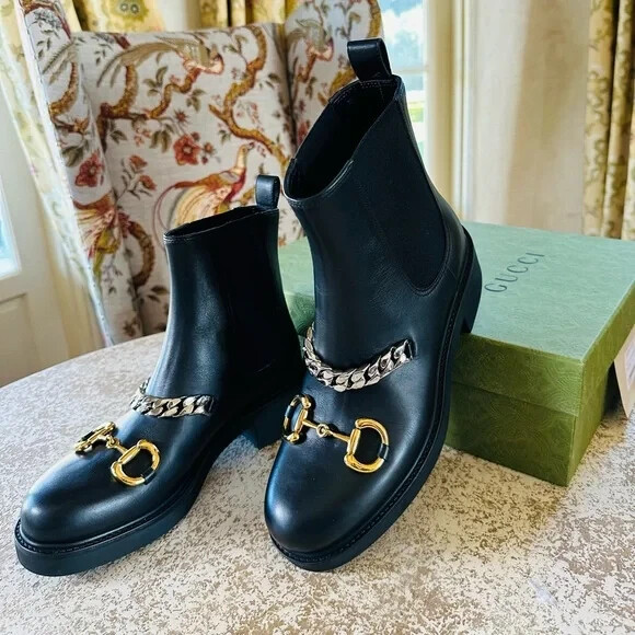 Gucci Black Leather Chain Horsebit Flores Calf Ankle Boots Chunk