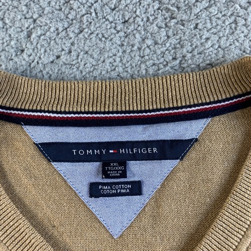 NEW Tommy Hilfiger Sweater Mens 2XL Beige Pima Cotton Pullover V Neck Flag Logo - Picture 3 of 12