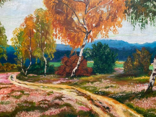 ::BIRKEN HERBST °ÖLGEMÄLDE ANTIK HEIDE ERIKA FELDWEG ART DECO JUGENDSTIL ANTIK - Picture 4 of 7