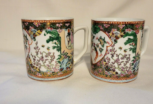 2 Hand Painted Decorated Coffee Mug Zhong Guo Guang Cai Marked - Afbeelding 3 van 10