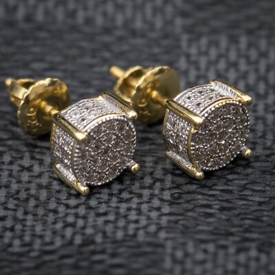 2x Gold Plated Two Tone Cz Micropave Earring Stud Round Hip Hop Screw Backings 2x Gold Plated Two Tone Cz Micropave Earring Stud Round Hip Hop Screw Backings