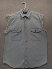 Men's Harley Davidson Denim Frayed Sleeveless Shirt Size L Embroidered Emblem 