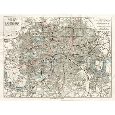 Map Bacon 1883 London City England Plan Chart Huge Wall Art Poster Print