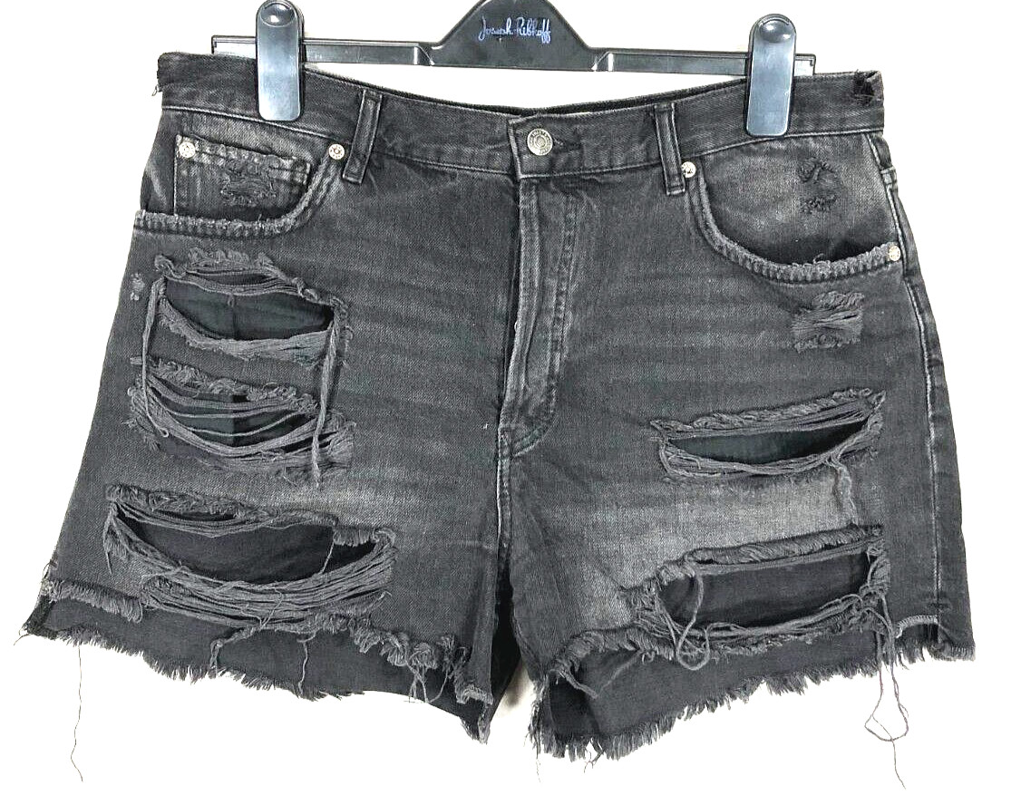 WE THE FREE People DESTROYED Button-Fly HIGH-RISE Black MAGGIE JEANS SHORTS  31