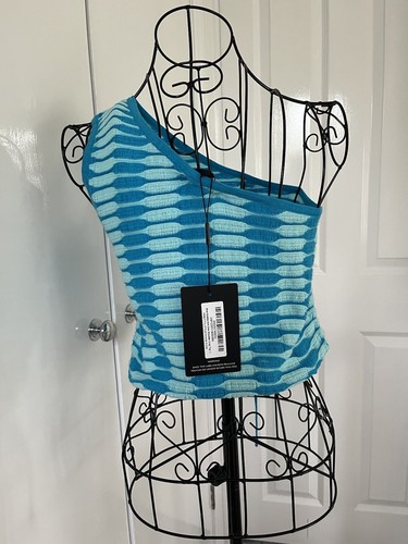WOMEN's PLT Two Tone Blue Knitted One Shoulder Crop Top Ruche - Summer Beach - Picture 7 of 13