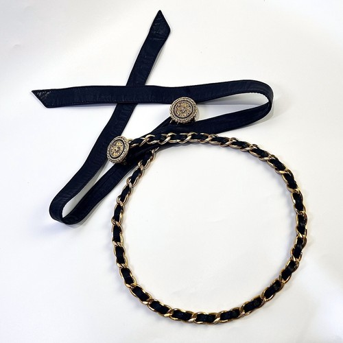 CHANEL Coco mark ribbon chain belt gold black 141cm - Picture 3 of 10