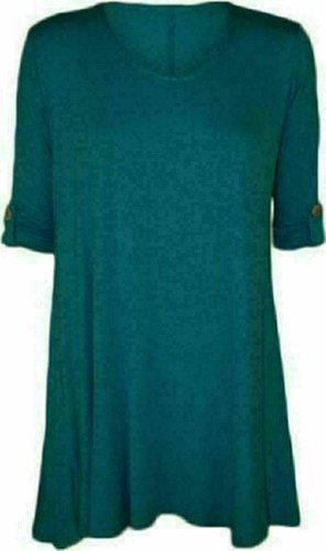 Women Ladies Plain Stretchy Flared Swing 3/4 Button Sleeve Plus Size T Shirt Top - Picture 6 of 21