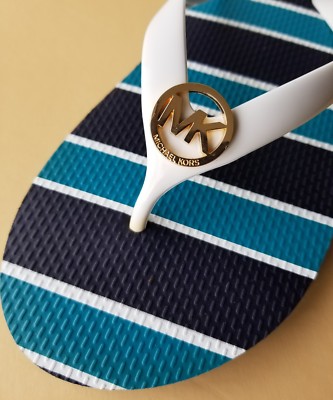 MICHAEL KORS MK FLIP FLOPS GOLD LOGO OFF WHITE THONGS US 11 I LOVE SHOES 