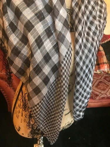 Ladies Black Grey Check Scarf Shawl Silver Metallic Fibre Thread 36" x 40" - Picture 2 of 4