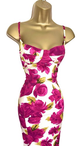 Karen Millen Size UK 12 VINTAGE BODYCON PINK ROSE COCKTAIL WIGGLE DRESS - Picture 3 of 13