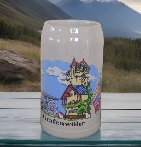 Vintage Grafenwöhr Steingut Deutscher BIERKRUG Becher 1L West Germany Flagge Militär