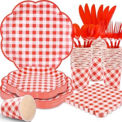 Gingham Teller und Servietten Partyzubehör - und weiß kariert 175 Teile rot - Bild 4 von 8