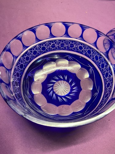 2 cuencos o platos de caramelo vintage bohemio-checos con tapa de cristal transparente corte azul cobalto - Imagen 8 de 18