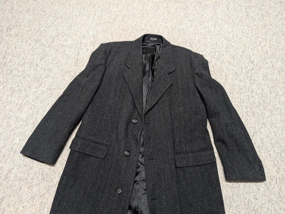 vintage TWEED donegal wool OVERCOAT trench 46 herringbone XL black charcoal - Image 4 of 4