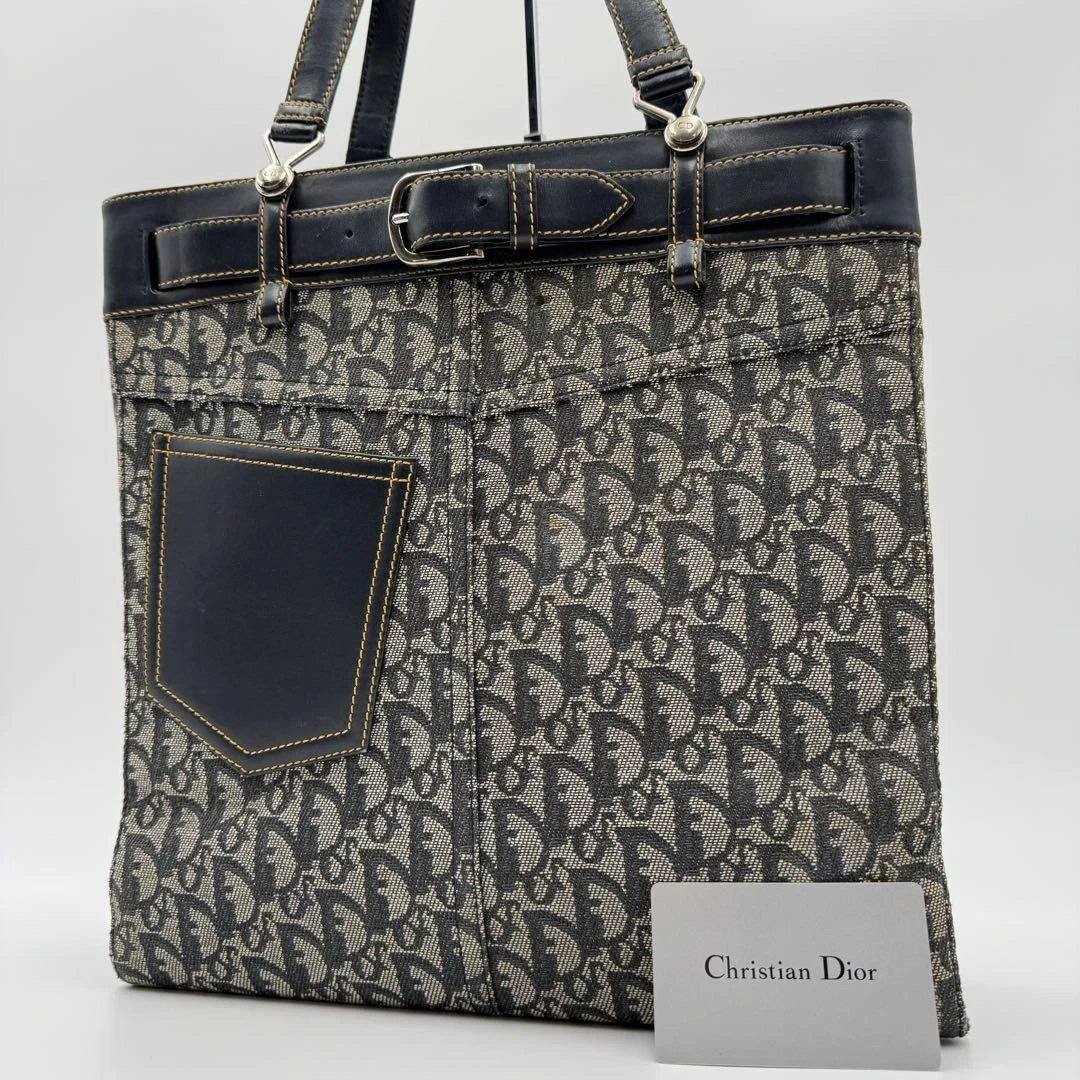 Sac fourre tout Christian Dior Trotter poche toile marine cuir épaule OCCASION 424K