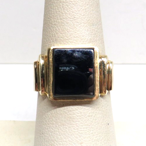 Unique Solid 14K Yellow Gold Signet Ring w/High Polish Hematite Stone size 7.5 - Picture 2 of 11