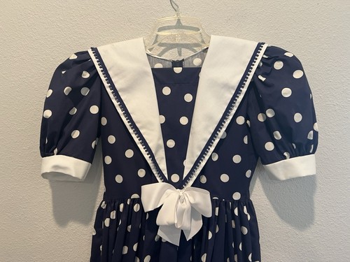 Vintage Navy Blue White Polka Dot Sailor Dress Monday’s Child Girl’s Size 6 - Picture 2 of 12