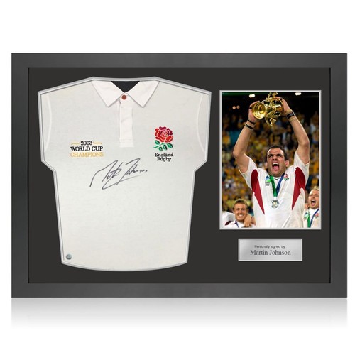 Martin Johnson Signed England Rugby Jersey: Champions Embroidery. Icon Frame
