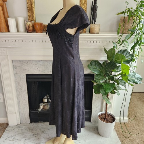 Vintage 80s Black Brocade Dress Maxi Lace Whimsigoth Gothic Witchy Size 14 - Picture 3 of 15