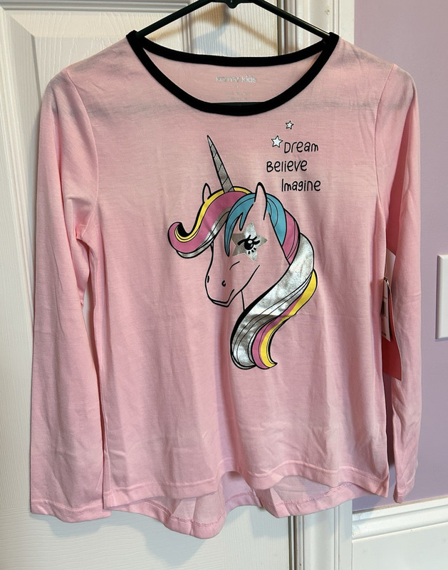 Komar Kids Girls Size 14 Pink Long Sleeve Crew Neck Unicorn Graphic T-Shirt