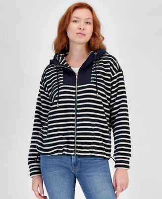 Nautica Jeans Striped Hooded Zip-Up Sweatshirt Women's M Night Sky Long Sleeve
