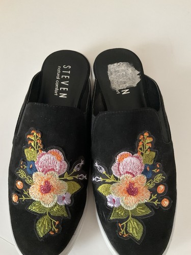 STEVEN Natural Comfort Embroidered Slip On Sneaker Mules, Black Faux Suede, 9 W - Picture 4 of 20