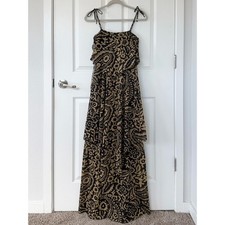 70’s Vintage Black & Tan Printed Tiered Maxi Handkerchief Dress with Tie Straps
