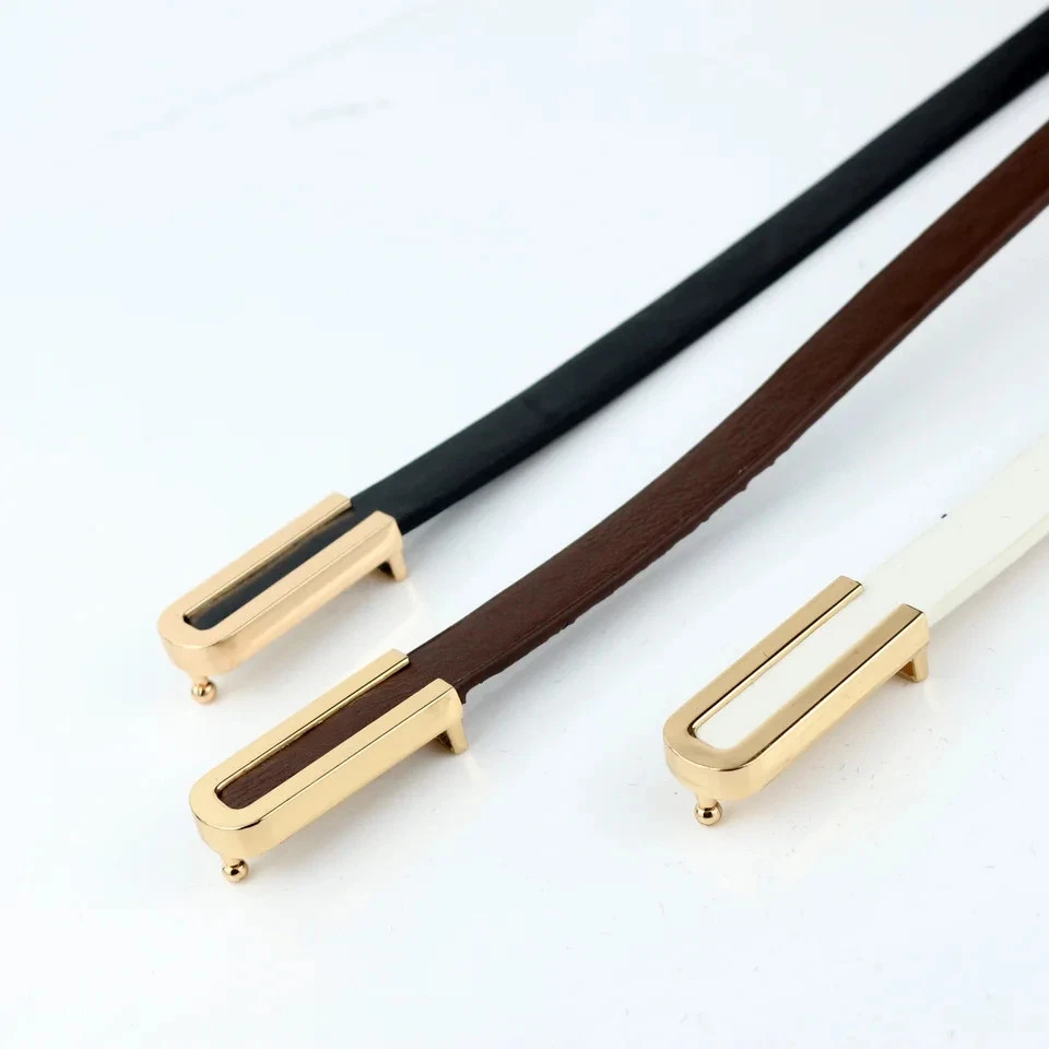 Black Genuine Leather Thin Belt Women Adjustable Dress Office Classic Look Belts - Image 4 of 4