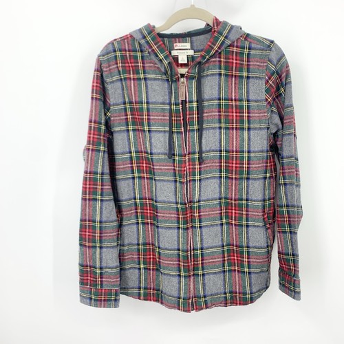 LL Bean Women Size Large Shirt Zip Front Hoodie Long Sleeve Top Flannel Gray Red